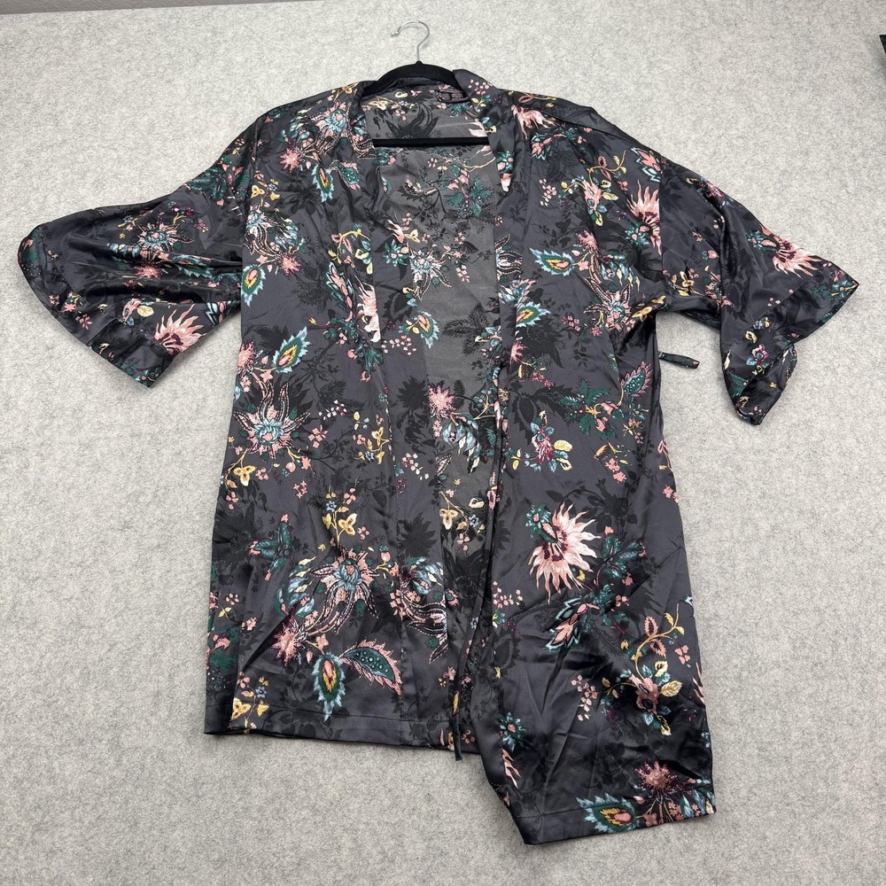 Victoria's Secret Robe Womens Small Black Floral Satin Kimono Lounge Belted